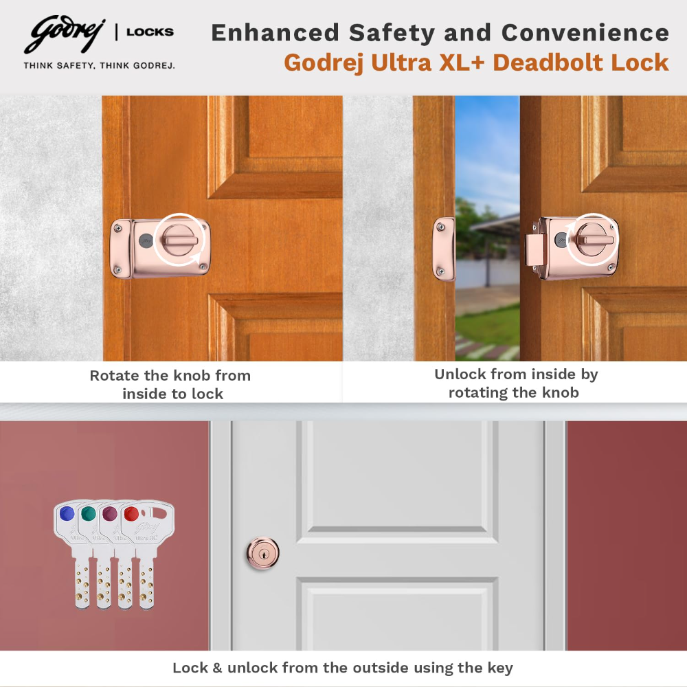 Godrej Rim Lock I Rim Deadbolt Ultra XLplus I 1CK Deadbolt I for Inside Opening Wooden Door | Left or Right Handed Doors I 4 Keys I 5-Year Warranty I Manual Locking l Rose Gold Finish